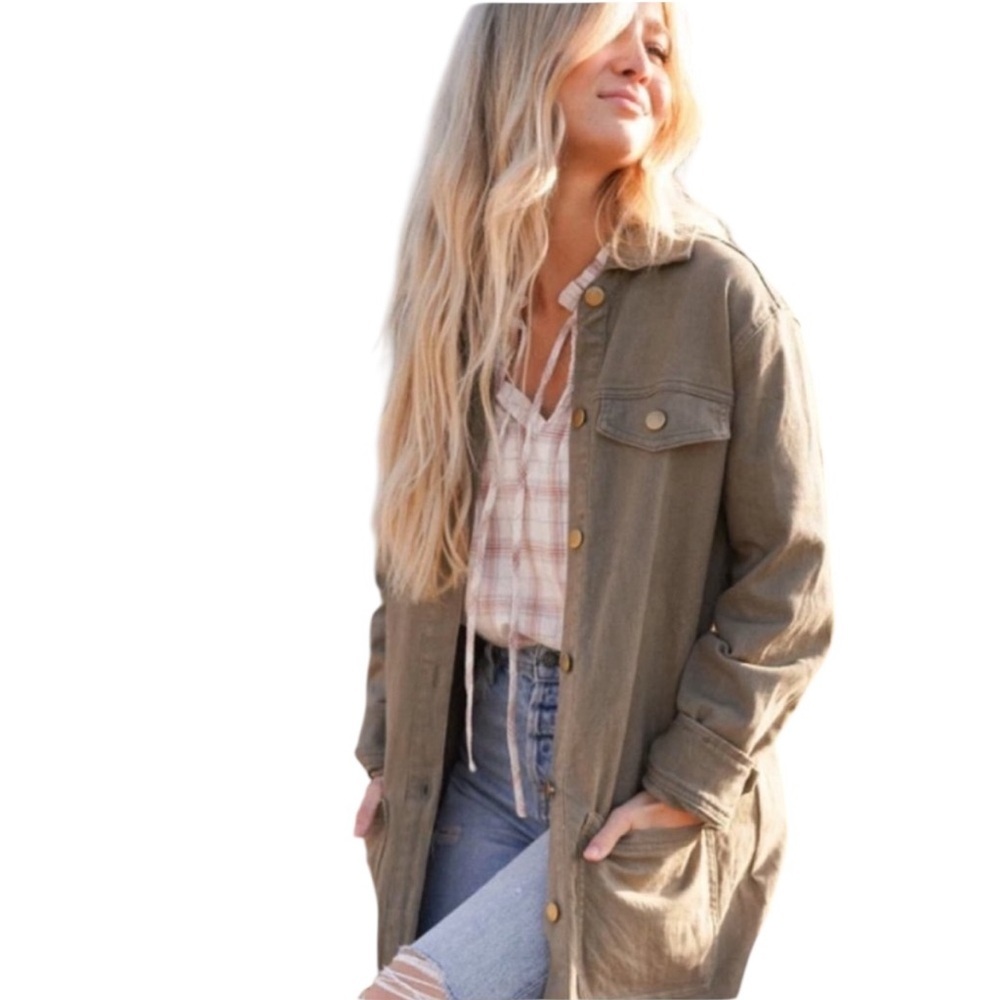 CJLA Womens Olive Green Denim Button Down Jacket Duster Small NWOT